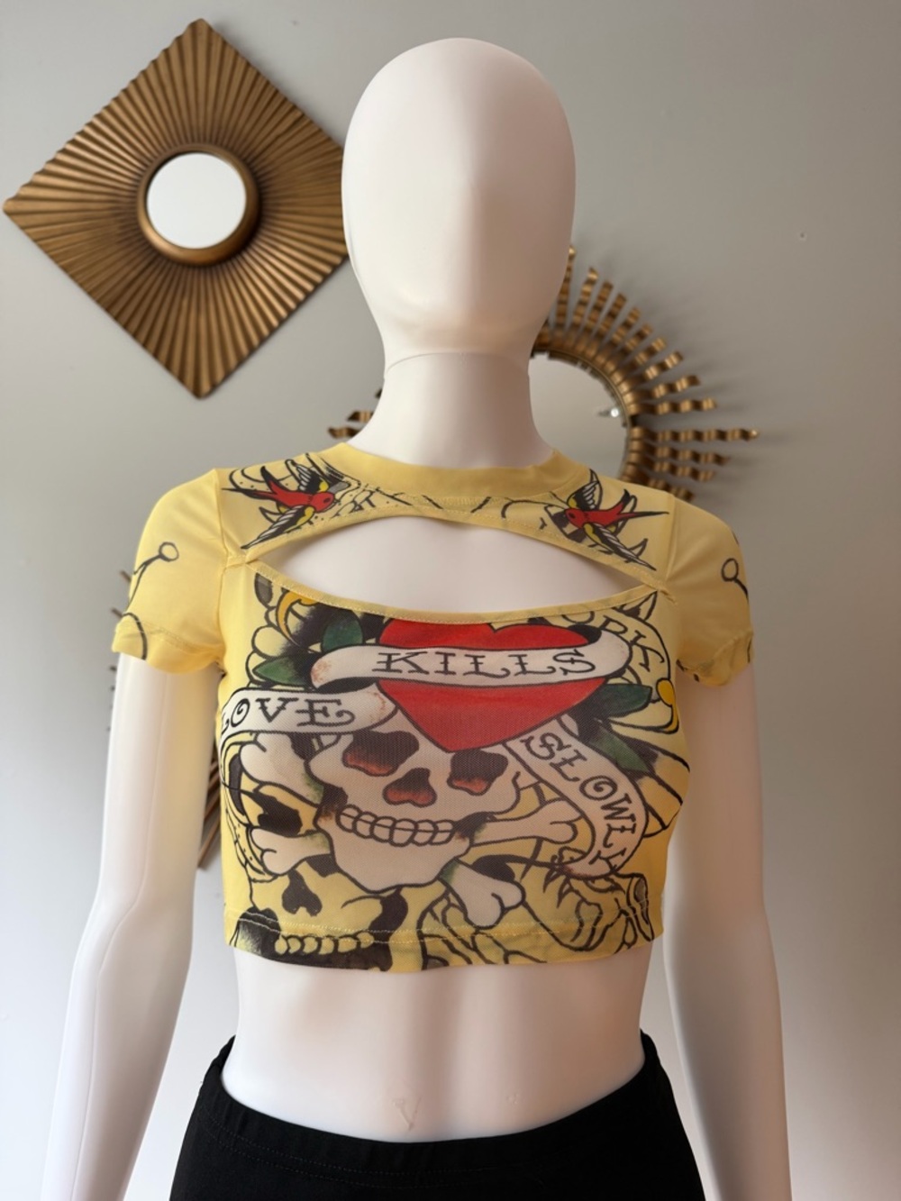 Ed Hardy Yellow Tattoo-Print Cutout Skull Crop Top